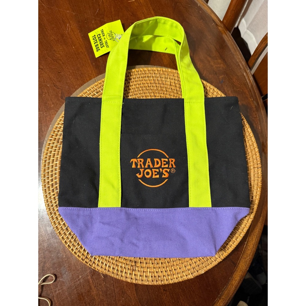 Trader Joe's Trick or Treat Canvas Tote Bag Mini Black Purple Neon Green NWT